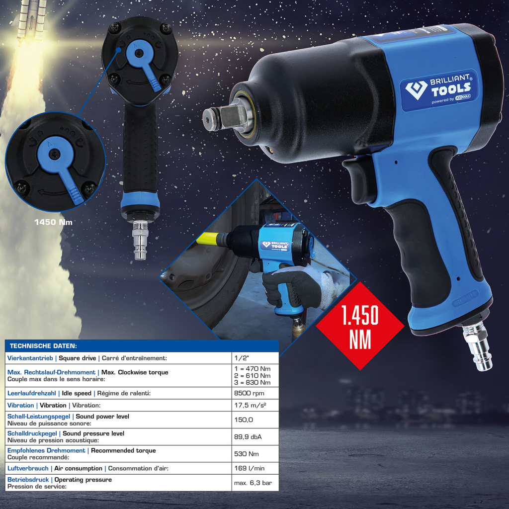 Brilliant Tools 1/2" Druckluft-Schlagschrauber, 1450 Nm BT160100 3 Brilliant Tools 1/2" Druckluft-Schlagschrauber, 1450 Nm BT160100