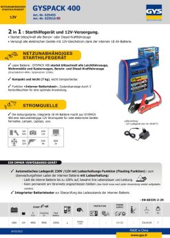GYS Mobiles Netzunabhängiges 1250A 12V Starthilfegerät GYSPACK 400 025455 -Heimwerkzeug Geschäft gys 025455 TDB 001